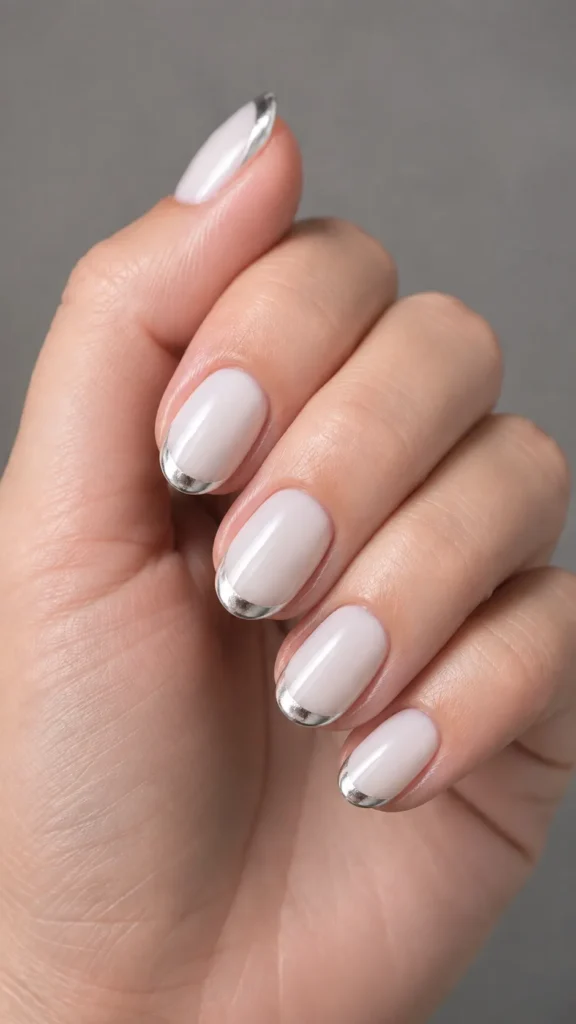 milky white nails with silver chrome tip almond