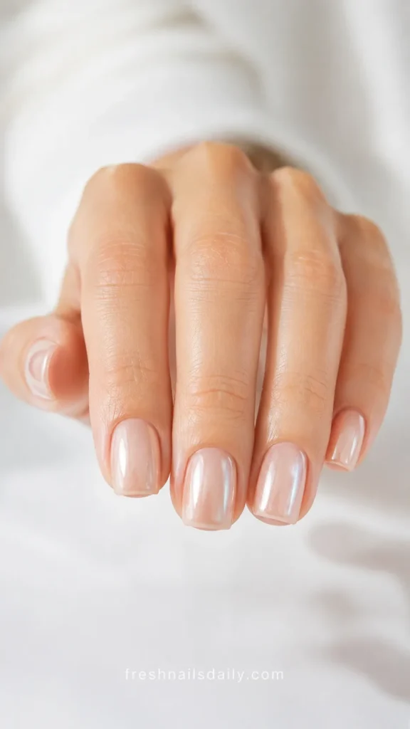 
glazed nude short square nails pearl finish