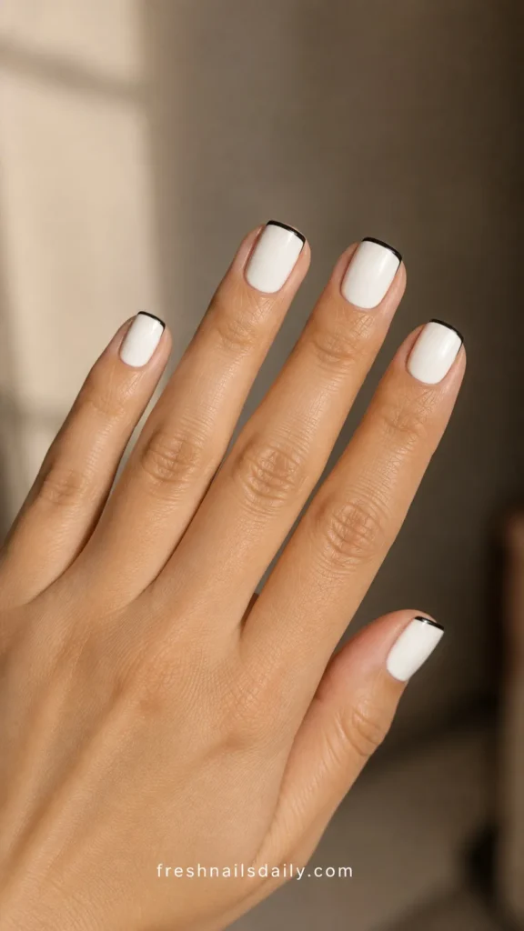 
white short square nails with thin black tips
