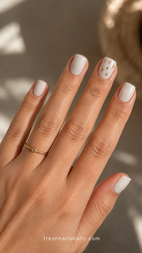
milky white short square nails with gold foil