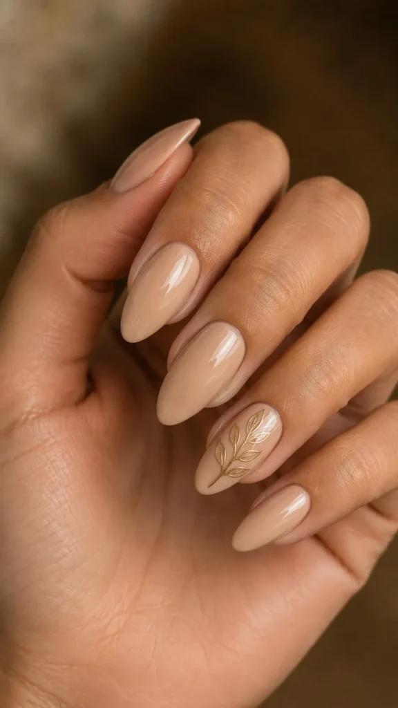 beige nude almond nails with gold leaf detail