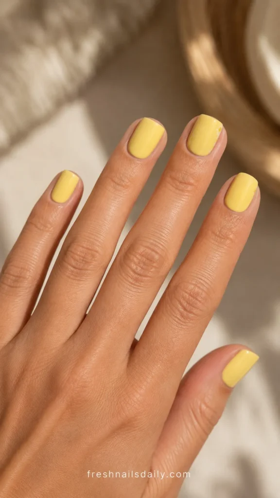 
butter yellow short square nails with daisy accent