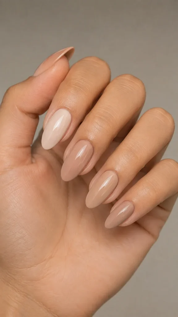 two tone nude almond nails light and dark shades