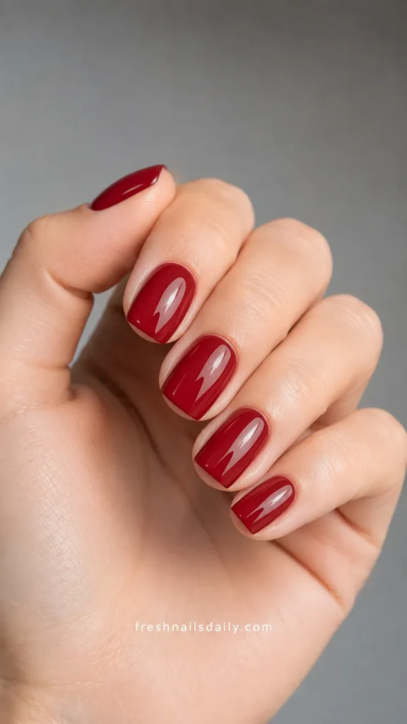 
cherry red glossy short square nails