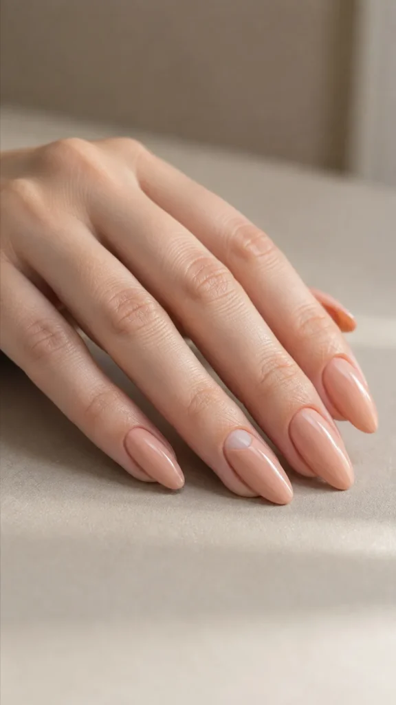 nude almond nails with negative space moon detail