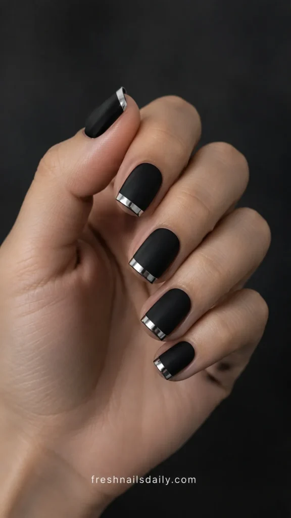 
black short square nails with silver chrome tips