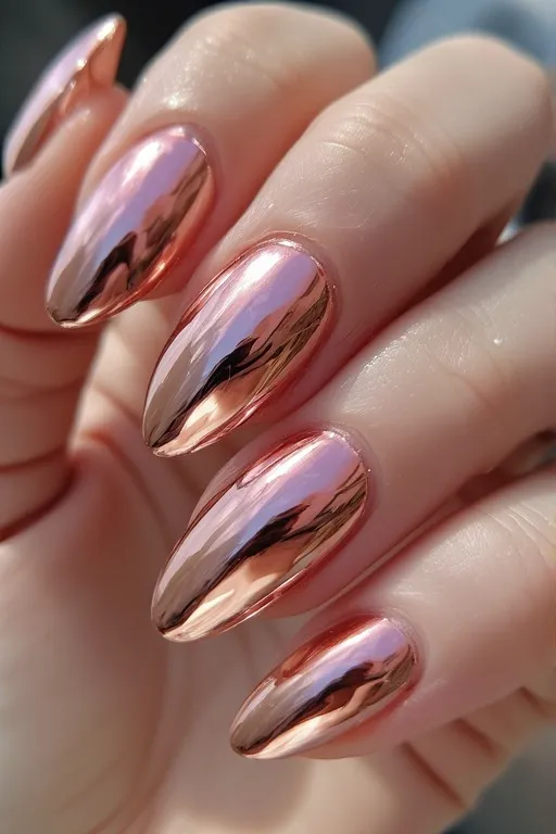 rose gold chrome almond nails