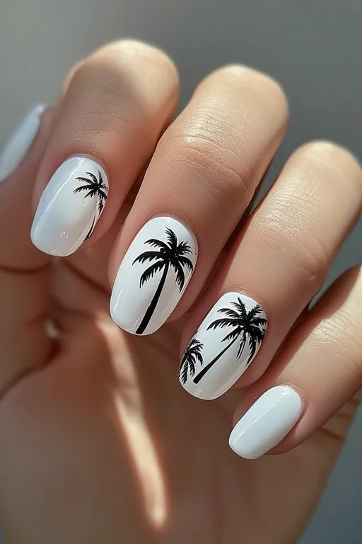 white nails with palm tree accent detail