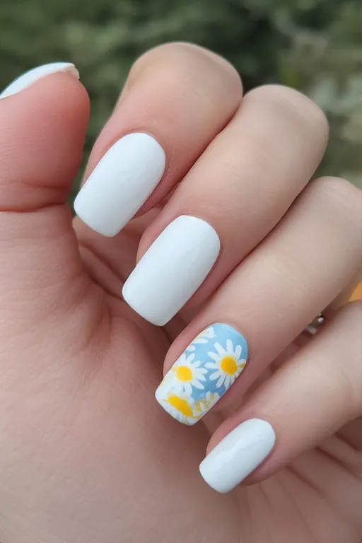 white nails with daisy nail art accent