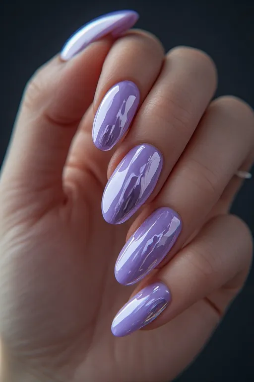 lavender chrome halo almond nails clear center