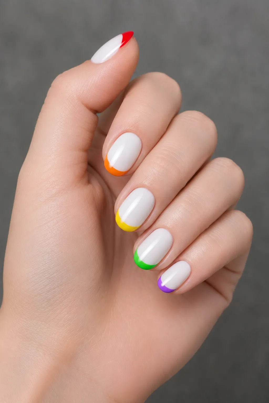 rainbow french tips different color per nail white base