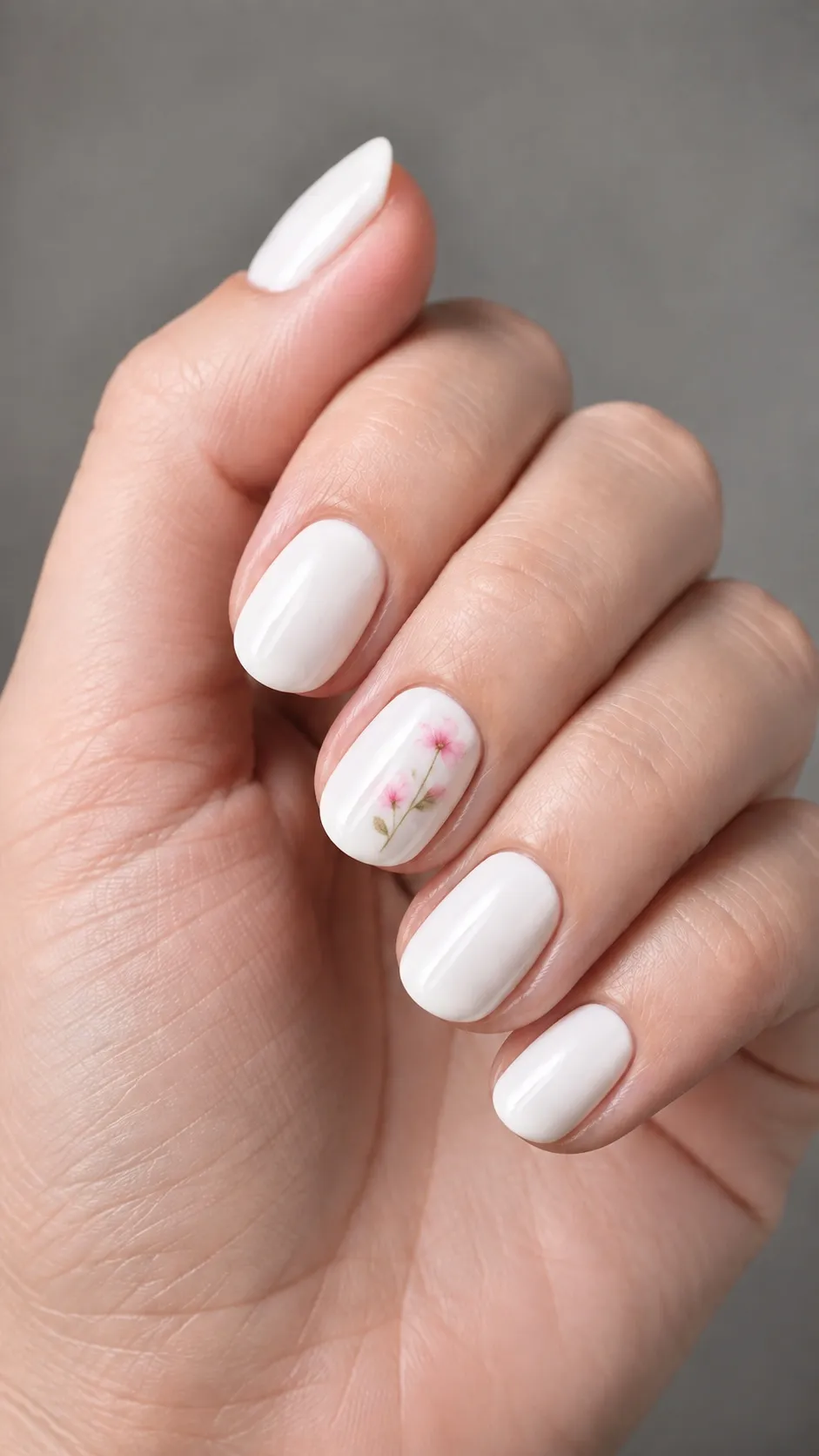 milky white nails with tiny floral accent art