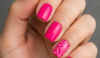 hot pink short square nails with white squiggly lines
