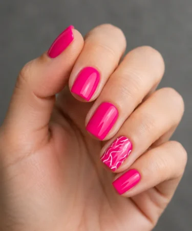 hot pink short square nails with white squiggly lines