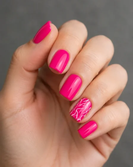 hot pink short square nails with white squiggly lines
